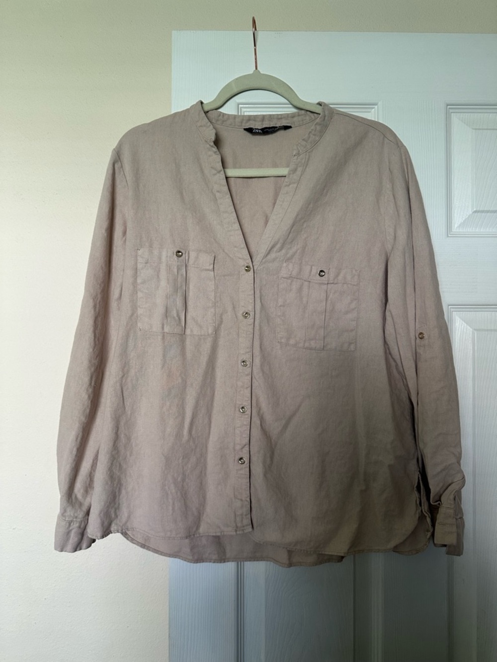 ZARA Light Taupe Button Front Linen Shirt